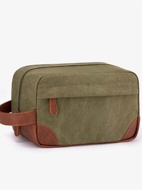 Olive Canvas Toiletry Bag with Brown Leather Accents
